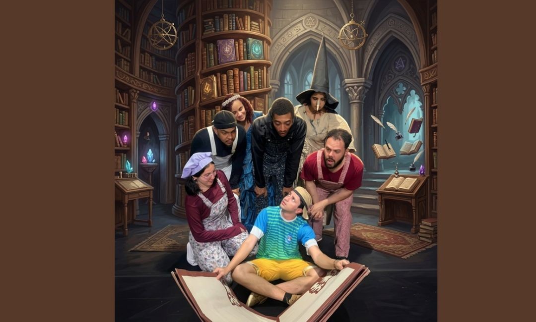 Grupo de atores apresenta cena de espetáculo teatral ambientado em uma biblioteca fictícia, com elementos cenográficos que remetem a livros e fantasia, enquanto personagens interagem ao redor de um jovem sentado sobre um livro aberto.