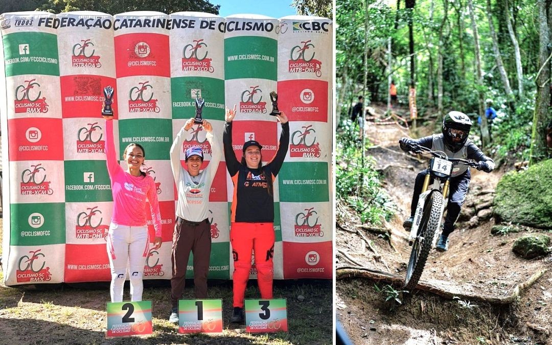 Ciclista Nara Faria no pódio do Campeonato Catarinense de Downhill em Pomerode e em ação durante descida técnica em trilha de terra com obstáculos naturais.