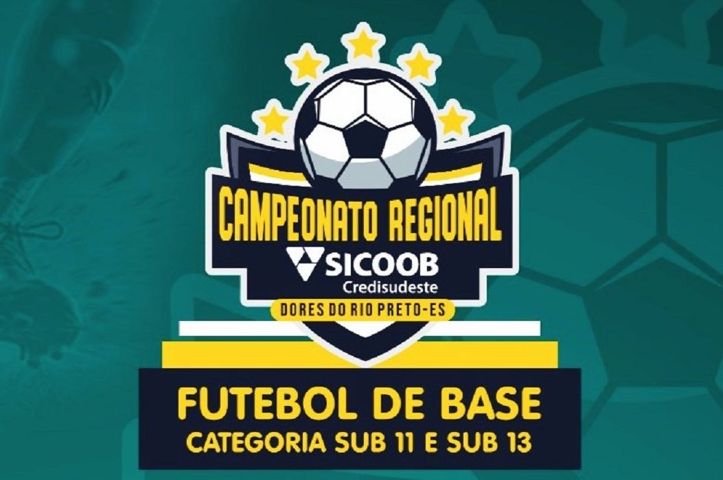 Logotipo do Campeonato Regional de Futebol de Base de Dores do Rio Preto, com ilustrações de uma bola de futebol, estrelas amarelas e o patrocínio do Sicoob Credisudeste. Abaixo, o texto indica as categorias Sub-11 e Sub-13.
