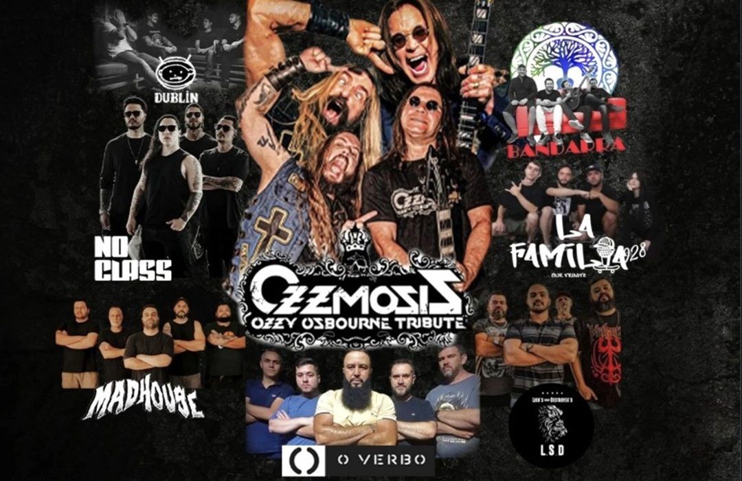 Cartaz promocional do 9º Iúna Moto Fest apresentando as fotos das bandas participantes. Ao centro, em destaque, a banda Ozzmosis (tributo a Ozzy Osbourne). Ao redor, fotos das bandas Dublin, No Class, Bandarra, Madhouse, La Familia 028, O Verbo e L.S.D. O fundo é escuro com texturas que remetem ao asfalto.