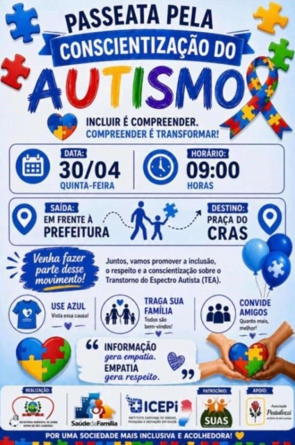 Cartaz da passeata pela conscientização do autismo com informações de data, horário, local e orientações para participação em Divino de São Lourenço.