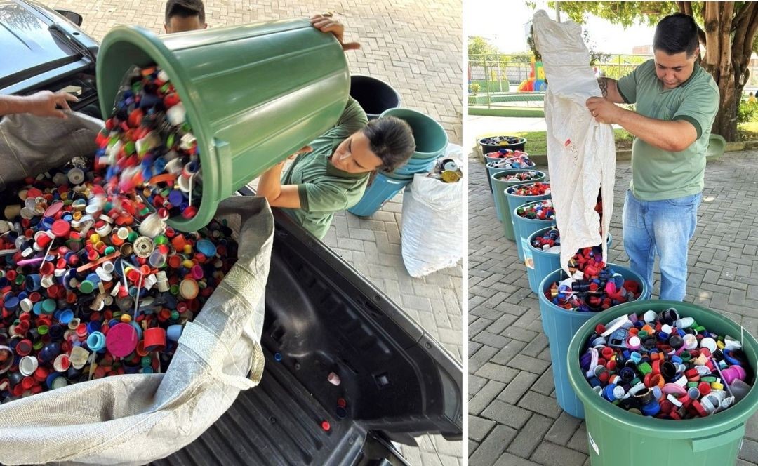 Servidores e voluntários organizam baldes cheios de tampinhas plásticas arrecadadas em Guaçuí, depois material é separado para reciclagem e conversão em ração destinada a animais em situação de rua.
