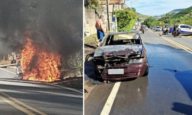 Carro pega fogo às margens da ES-181 dentro de comunidade de Muniz Freire