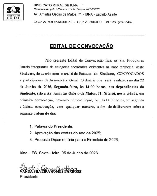 EDITAL DE CONVOCAÇÃO - SINDICATO RURAL DE IÚNA