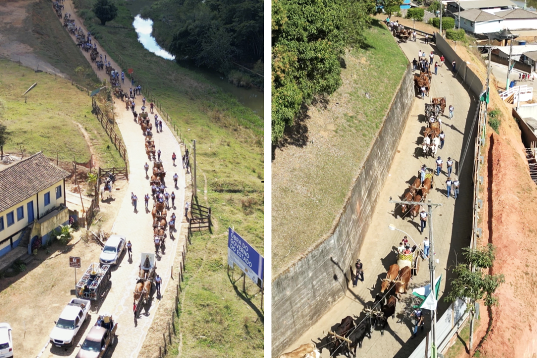 Foto aérea composta por duas imagens mostrando fila de carros de boi e comitiva percorrendo estradas e vias de Divino de São Lourenço.