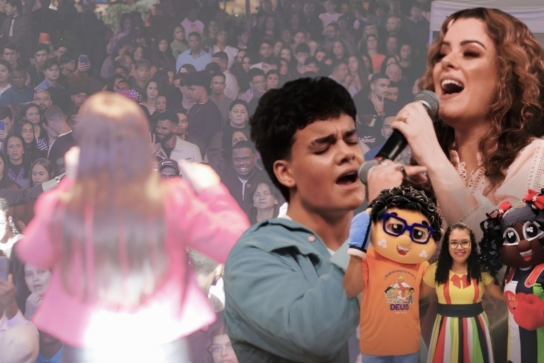 Montagem de divulgação do Louva Irupi com público, cantora e participantes de apresentações musicais e infantis.