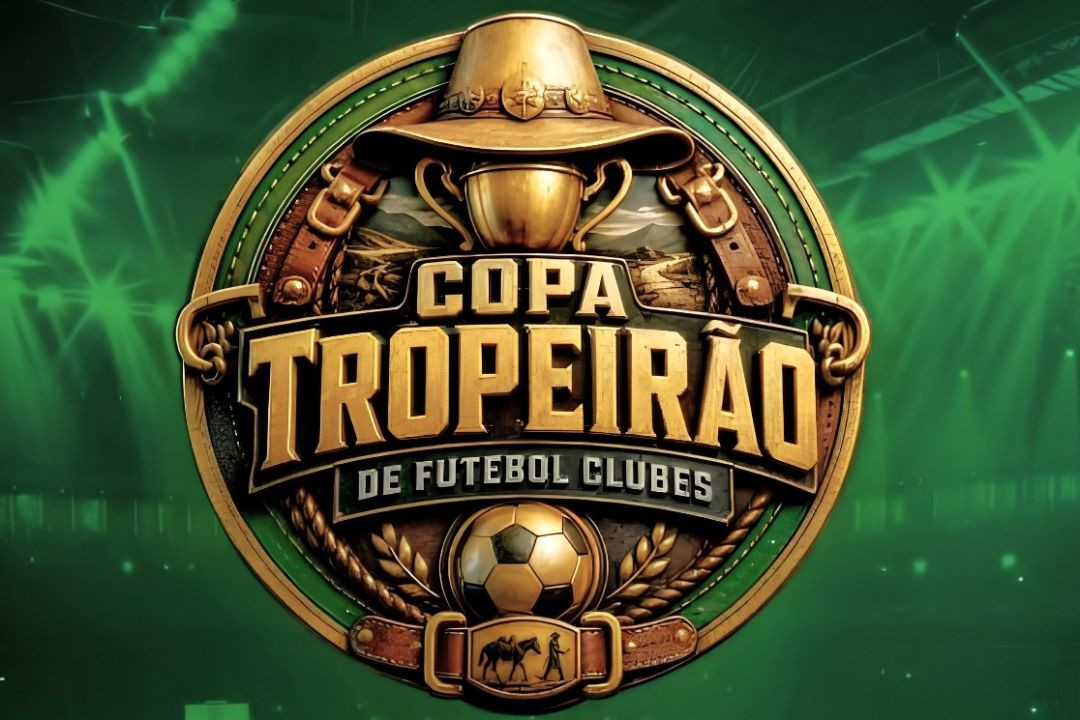 Arte da 1ª Copa Tropeirão de Futebol de Clubes, com o nome da competição em destaque e elementos relacionados ao futebol e à tradição tropeira.