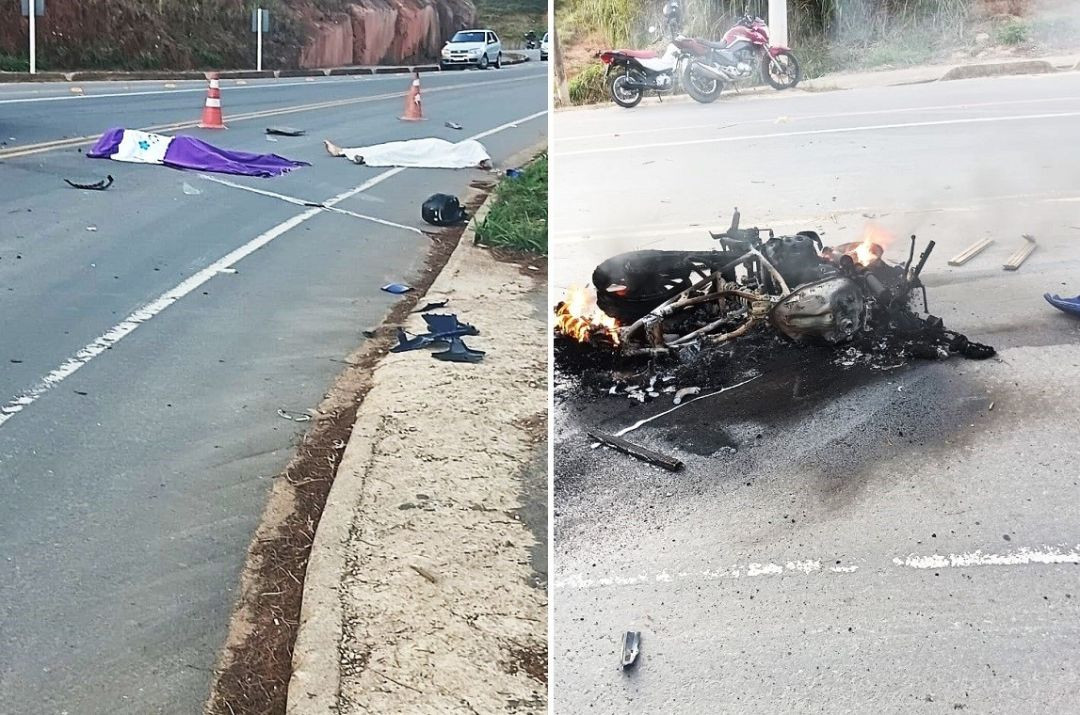 Imagem mostra uma motocicleta destruída e parcialmente em chamas sobre a pista da ES-181, enquanto cones sinalizam o local do acidente. Ao lado, aparecem partes da motocicleta e outros objetos espalhados pela rodovia.