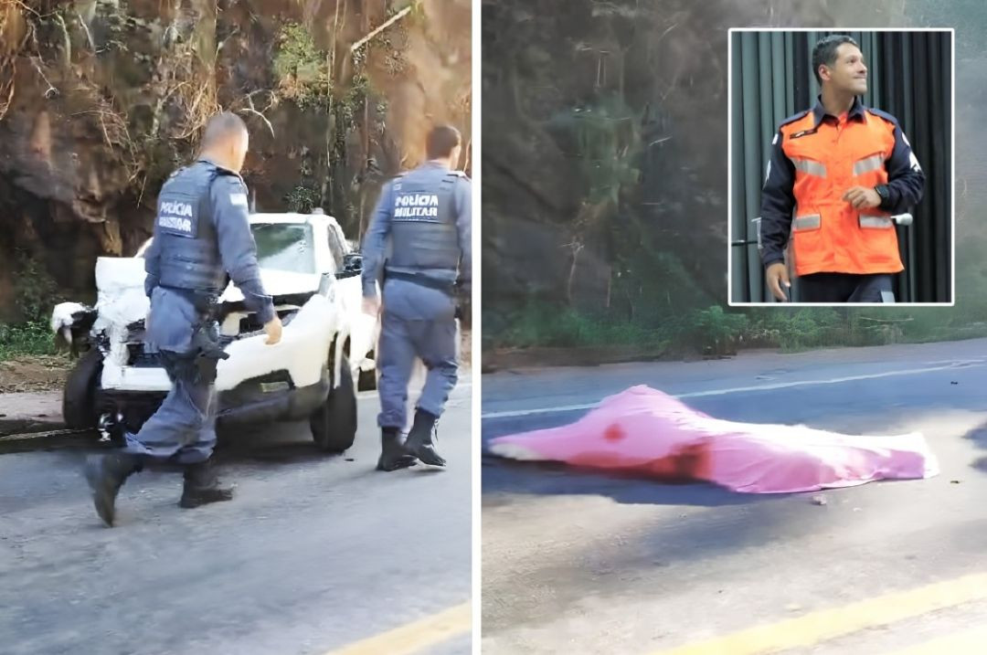 Imagem mostra policiais militares próximos a um veículo envolvido em acidente na BR-262. Ao lado, há uma imagem de uma pessoa estendida sobre a pista, coberta por um tecido, e uma foto do sargento Juan Gustavo Pizetta Palomin.