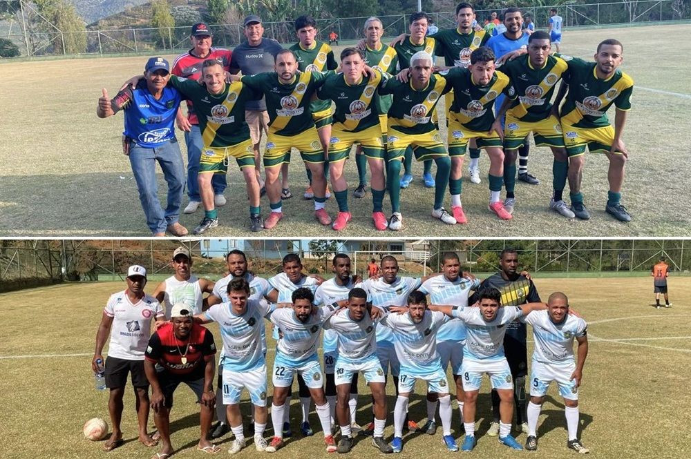 Imagem dividida horizontalmente em duas partes com fotos de times de futebol amador posados em campo de grama. No painel superior, jogadores e comissão técnica do Bambu vestem uniforme verde e amarelo. No painel inferior, jogadores e comissão técnica do Real Bayer vestem uniforme branco com detalhes em azul celeste e preto.