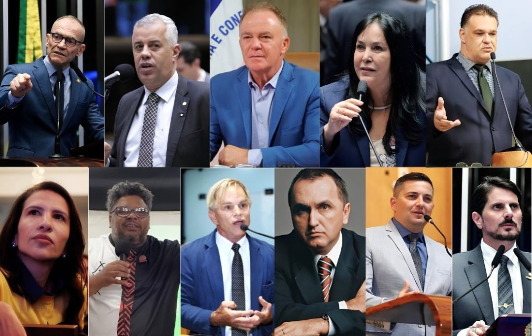 Montagem com onze fotografias dos candidatos do ES para o Senado Federal em diferentes ambientes, incluindo sessões legislativas, discursos em eventos e registros individuais.