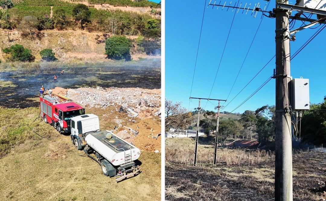 Montagem exibindo veículo do Corpo de Bombeiros e caminhão-pipa atuando no rescaldo (à esquerda) e detalhe de poste elétrico próximo ao solo queimado (à direita).