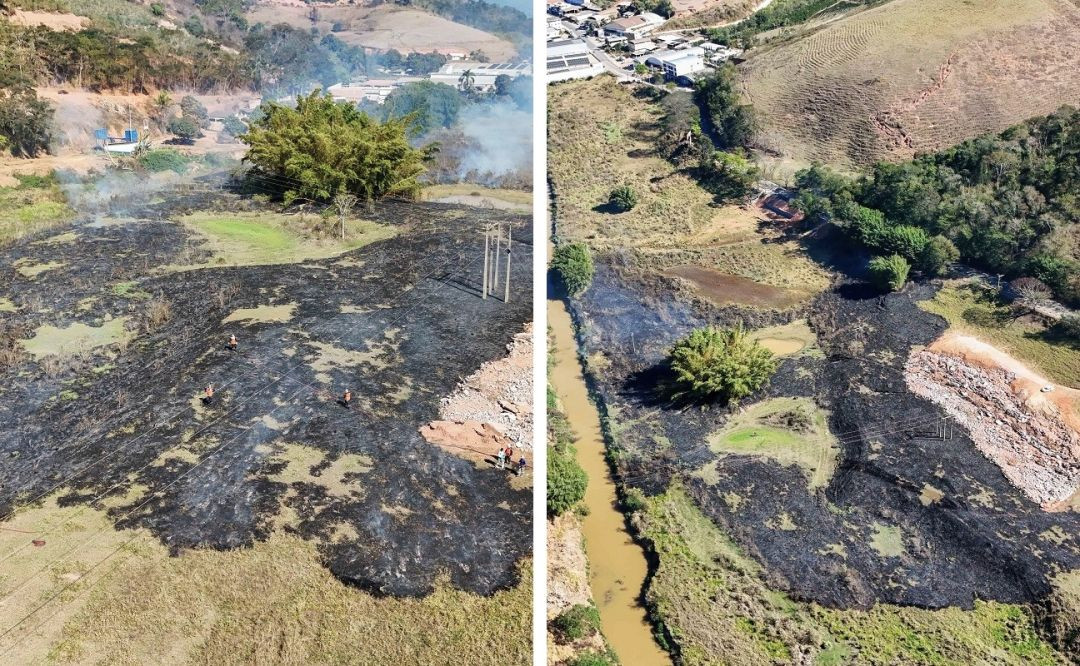 Visão de drone detalha a delimitação da queimada ao longo da margem do rio à esquerda e a área total de 40 mil m² de vegetação atingida pelo fogo à direita.