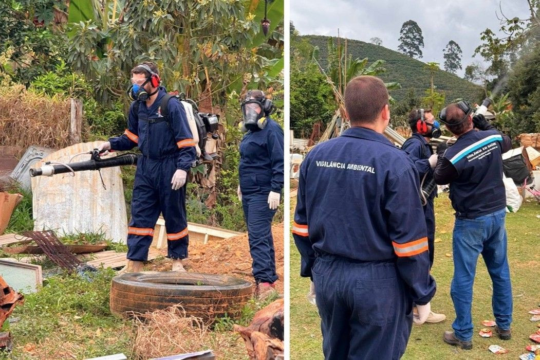 Profissionais da Vigilância Ambiental e agentes de combate às endemias participam de treinamento prático com equipamento de aplicação de inseticida em uma área externa de Irupi.