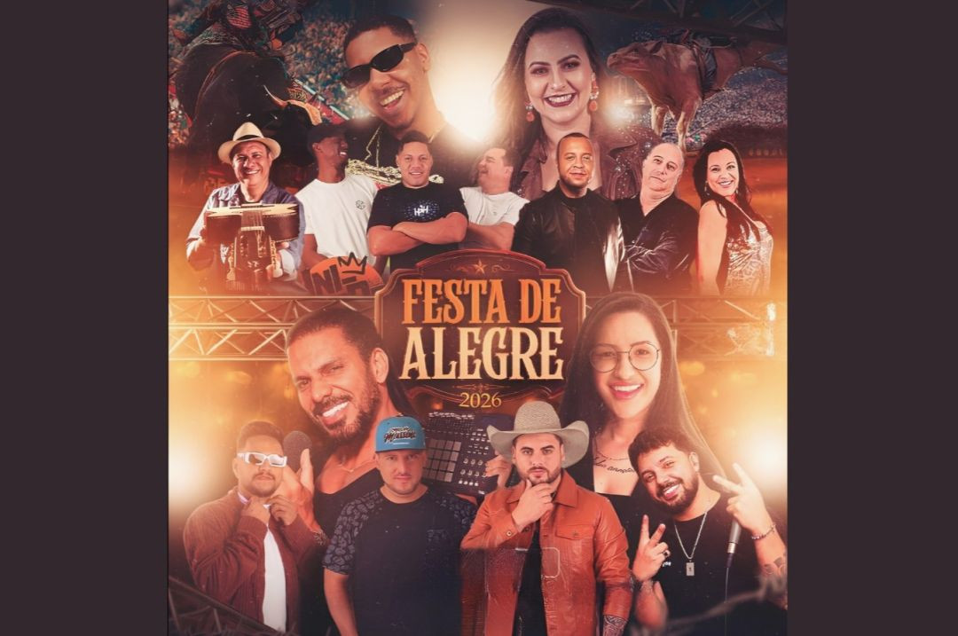 Arte de divulgação da Festa de Alegre 2026, com fotos de artistas e atrações que participam da programação do evento entre 28 e 30 de agosto.