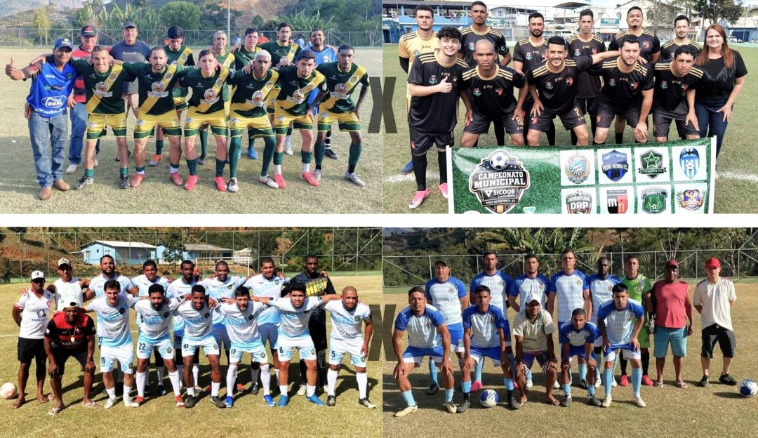Colagem fotográfica dividida em quatro quadros mostrando os quatro times semifinalistas do Campeonato Municipal de Dores do Rio Preto no gramado. No canto superior direito, há também a imagem de um cartaz promocional com a marca oficial do campeonato patrocinado pelo Sicoob Credisudeste e os escudos dos times participantes.